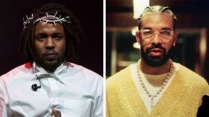 From Left to right: Musicians Kendrick Lamar and Drake. (Scott Garfitt / Chris Pizzello / The Associated Press)