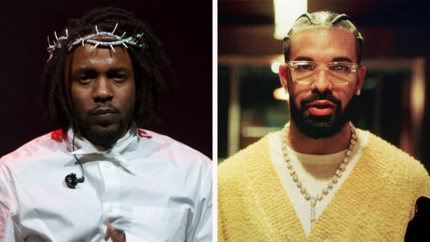 From Left to right: Musicians Kendrick Lamar and Drake. (Scott Garfitt / Chris Pizzello / The Associated Press)