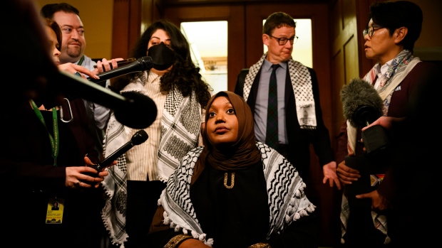 MPP Sarah Jama speaks to press after being asked by the Speaker of the House Ted Arnott to leave the Ontario legislature during question period, in Toronto on Monday, May 6, 2024. The Speaker says that politicians, staff and visitors will be allowed to enter the building while wearing a keffiyeh, but he is upholding his ban on the scarf inside the chamber. THE CANADIAN PRESS/Christopher Katsarov