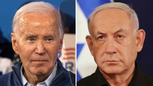 This combination photo shows U.S. President Joe Biden, left, on March 8, 2024, in Wallingford, Pa., and Israeli Prime Minister Benjamin Netanyahu in Tel Aviv, Israel, Oct. 28, 2023. (AP Photo)
