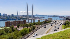 A view of the bridge connecting the Russky Island and Vladivostok, in Russia's far east, is seen on Aug. 26, 2023. (AP Photo/Alexander Khitrov)