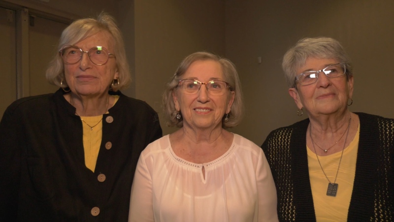 Holocaust survivors Alice Nagus, Rose Klein, and Anna Leach in London, Ont. on May 6, 2024. (Bryan Bicknell/CTV News London)