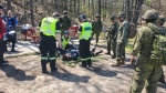 A mixed group of emergency responders assess the wounds on a patient actor in Wasaga Beach May 4, 2024. (Courtesy: OPP)