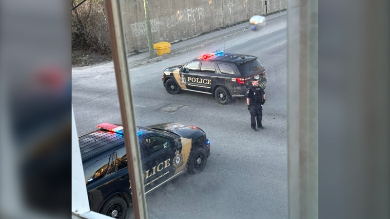 Timmins police at Sixth Avenue and PIne Street following an 'incident.' May 7, 2024 (Ethan Chapleau-Fletcher)