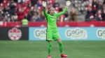 Canada goalkeeper Stephanie Labbe acknowledges the crowd as she leaves the field after being substituted out during the second half of a women's friendly soccer match against Nigeria, in Vancouver, on Friday, April 8, 2022. (Darryl Dyck / The Canadian Press) 