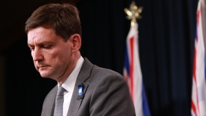Premier David Eby speaks during a press conference in the press theatre at legislature in Victoria, B.C., on Thursday, October 5, 2023. THE CANADIAN PRESS/Chad Hipolito