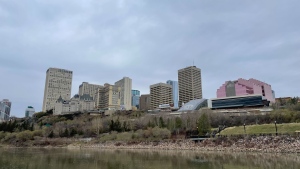A picture of cloudy sky over downtown Edmonton taken May 6, 2024, from the North Saskatchewan River valley. Visible in this image is Fairmont Hotel Macdonald, Courtyard Edmonton, Edmonton Convention Centre and Canada Place. (Amanda Anderson / CTV News Edmonton) 