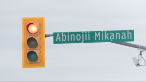 New signage on Abinojii Mikanah at St. Mary's Road is shown on May 7, 2024. (Jamie Dowsett/CTV News Winnipeg)