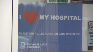 An 'I Love My Hospital' poster is seen at West Grey Town Hall in Durham, Ont. in April 2024. (Scott Miller/CTV News London) 