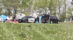 Sarnia police are seen at the site of a homeless encampment at Rainbow Park in Sarnia, Ont. on May 7, 2024. (Sean Irvine/CTV News London) 