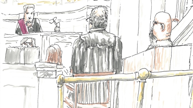 Court of King's Bench Chief Justice Glenn Joyal, left, defence lawyer Leonard Tailleur, centre, and Jeremy Skibicki, right, are shown in this courtroom sketch in Winnipeg on Monday, April 29, 2024. (James Culleton / The Canadian Press / POOL)