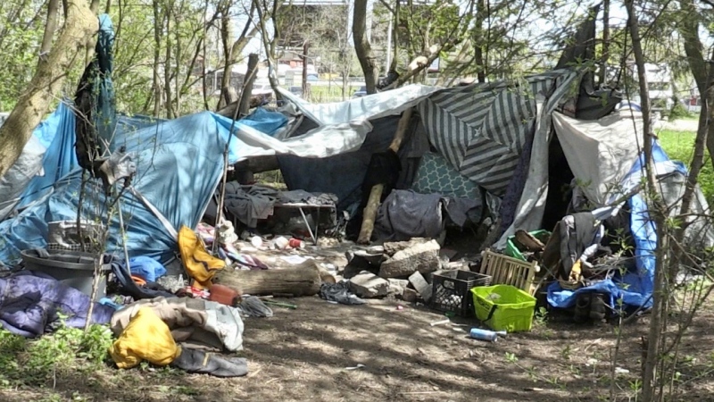 An encampment in the area of Milligan's Pond in Barrie, Ont., on Tues., May 7, 2024. (CTV News/Steve Mansbridge)