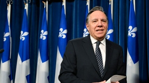 Quebec Premier Francois Legault leaves a news conference, Thursday, May 2, 2024 at the legislature in Quebec City. THE CANADIAN PRESS/Jacques Boissinot