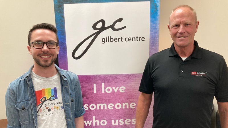 Dale Boyle of the Gilbert Centre and Scott Ashley of Get Ready Online stand together on Tues. May 7, 2024 to highlight their new app that aims to save lives in emergency situations (Chris Garry/CTV News Barrie). 