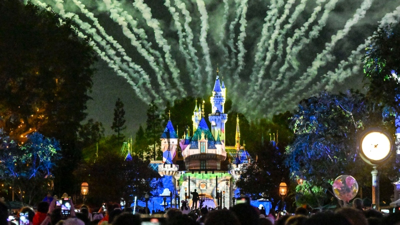 Sleeping Beauty Castle is at the centre of Together Forever – A Pixar Nighttime Spectacular fireworks show at Disneyland in Anaheim, Calif, on Wednesday, April 24, 2024. (Jeff Gritchen/The Orange County Register via AP) 