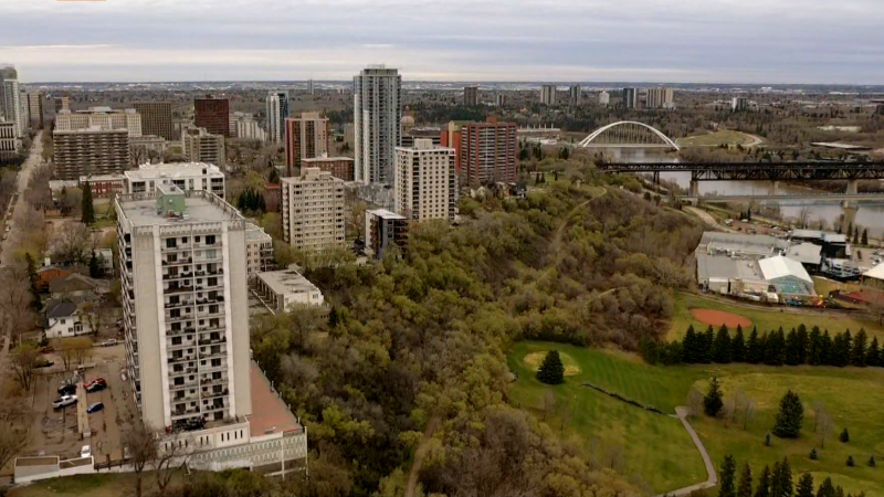 An aerial image of the North Saskatchewan River valley in central Edmonton, taken over Victoria Golf Course on May 8, 2024, with the Walterdale and High Level bridges visible in the background. (Cam Wiebe / CTV News Edmonton)