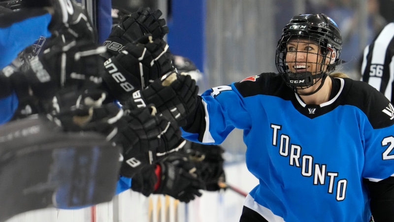 Toronto's Natalie Spooner celebrates her second goal against Ottawa with teammates on the bench during third period PWHL action in Toronto on Sunday May 5, 2024. THE CANADIAN PRESS/Frank Gunn