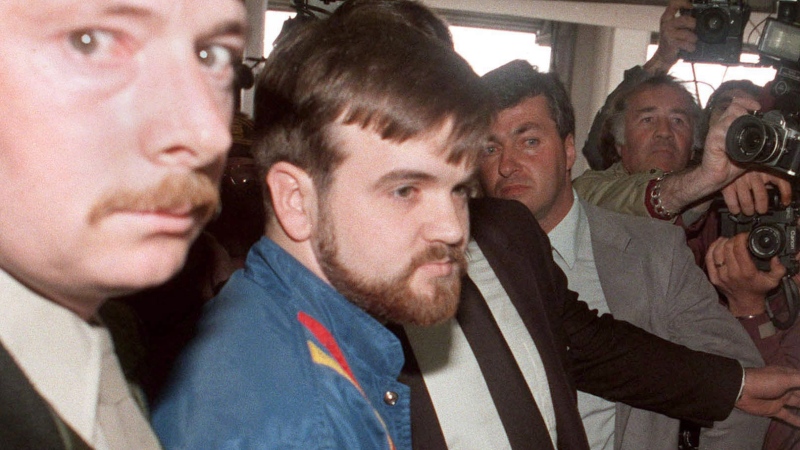 Denis Lortie, the man responsible for the shooting at the Quebec National Assembly in Quebec City, arrives for his court appearance on Wednesday, May 9, 1984. (Fred Chartrand/The Canadian Press)