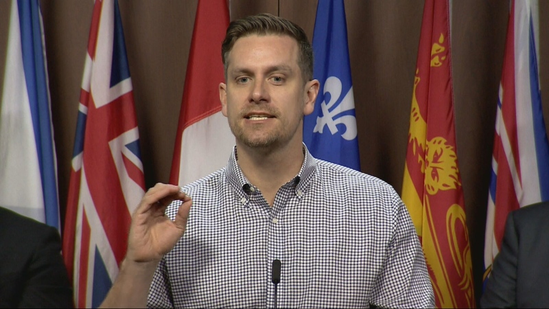 Canadian Association of Professional Employees president Nathan Prier says the unions will fight new federal office mandate during a media conference on Parliament Hill on Wednesday, May 8, 2024. (CTV News)