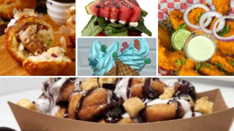 The Cowboyaki (top left) may be one of the top eats at this year's Midway, but it's up against many other treats such as the Watermelon Burger (top centre), sour candy soft serve ice cream (centre), fish pakora (top right) and Oreo Cheesecake mini donuts (bottom). (Supplied/Calgary Stampede)