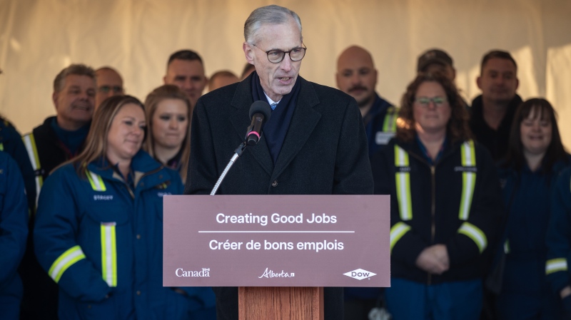 Dow chair and CEO Jim Fitterling speaks at a Dow Chemical announcement on the world's first net-zero carbon emissions ethylene and derivatives complex, in Fort Saskatchewan Alberta, on November 29, 2023. (Jason Franson)