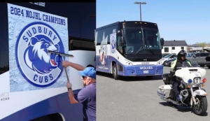 Greater Sudbury Cubs get police escort to Centennial Cup. May 7, 2024 (Supplied)