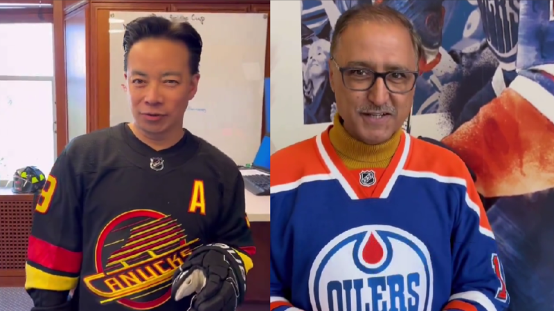 Screen grabs from videos posted to social media show the mayor of Vancouver (left) and Edmonton (right) making a wager on who will win Round 2 of the Stanley Cup playoffs. 