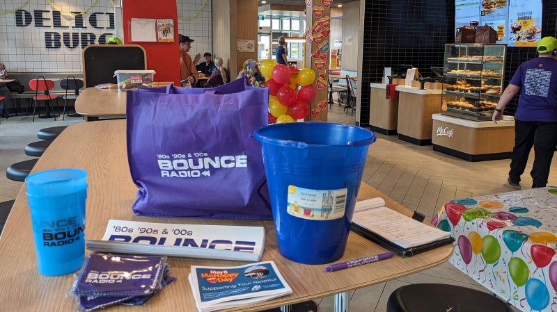 Bounce Radio items placed at Mcdonalds for Mchappy Day, on May 8, 2024 in Midland, Ont (Courtesy: Kevin Dunlop). 