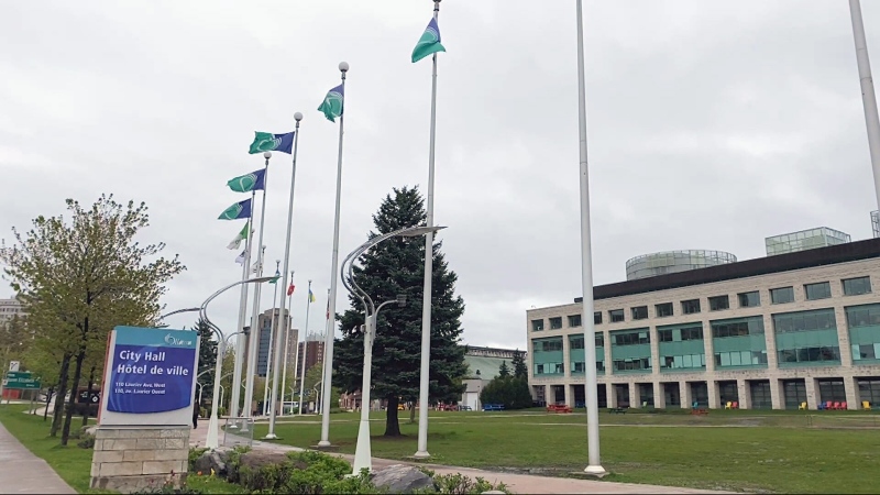 Flagpoles at Ottawa City Hall. May 8, 2024. (Natalie van Rooy/CTV News Ottawa)