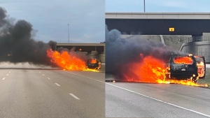 A vehicle fire on Anthony Henday Drive southbound in Strathcona County on May 8, 2024. (Credit: RCMP)