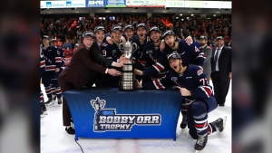 The Oshawa Generals celebrate with the Bobby Orr Trophy after beating the North Bay Battalion on May 6, 2024. (Source: Oshawa Generals/X)