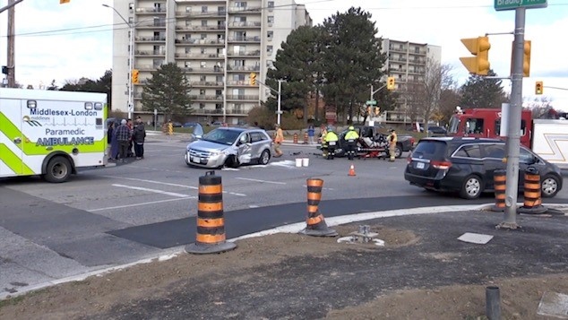 A collision at the intersection of Bradley Avenue and Ernest Avenue in London, Ont. is seen in this file photo from November 2023. (Sean Irvine/CTV News London)