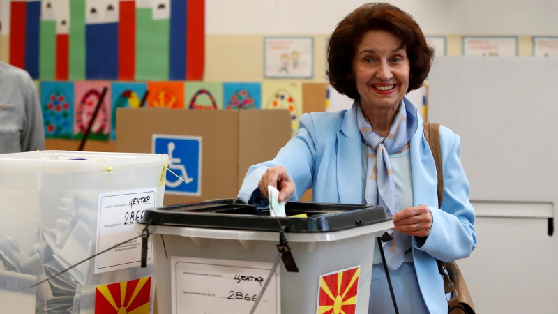Gordana Siljanovska Davkova, presidential candidate backed by the opposition centre-right VMRO-DPMNE party, casts her ballot at a polling station in Skopje, North Macedonia, on Wednesday, May 8, 2024. (Boris Grdanoski / AP Photo)