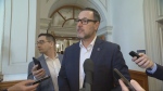 French Language Minister Jean-François Roberge speaks to reporters in Quebec City about requirements for students at English CEGEPS under Bill 96 on Wednesday, May 8, 2024. (CTV News)
