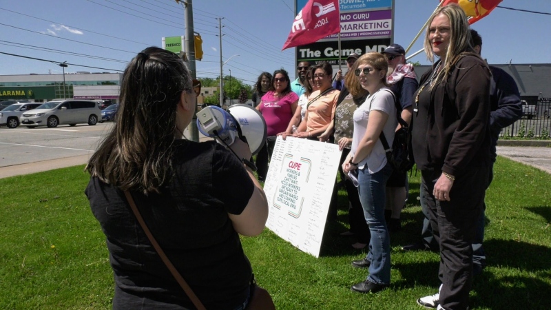 CUPE Local 8916, representing Erie St. Clair Home and Community Care Support Services workers, provided a petition to MPP Andrew Dowie's office calling on the province to return to the bargaining table on May 8, 2024. (Sanjay Maru/CTV News Windsor) 