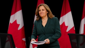 Deputy Prime Minister and Minister of Finance Chrystia Freeland arrives to hold a press conference at the National Press Theatre in Ottawa, Tuesday, May 7, 2024. THE CANADIAN PRESS/Sean Kilpatrick