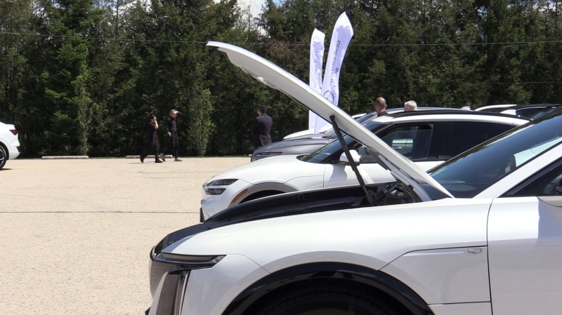 Electric vehicles are seen on display at the Hellenic Centre parking lot in London, Ont. for second annual London Hydro EV open house on May 8, 2024. (Reta Ismail/CTV News London) 
