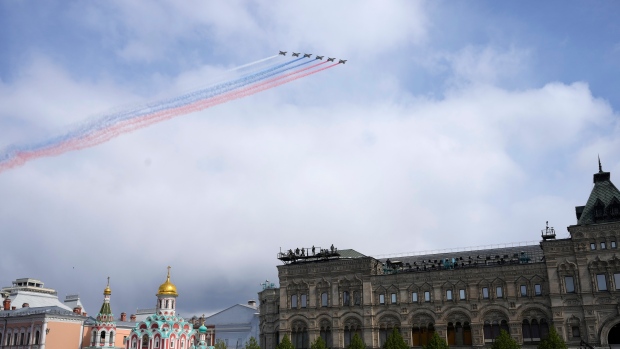 Russian Air Force Su-25 jets fly over Red Square during the Victory Day military parade in Moscow on Thursday, May 9, 2024.(Alexander Zemlianichenko / AP Photo)