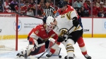 Florida Panthers goaltender Sergei Bobrovsky defends against Boston Bruins centre Charlie Coyle during Game 2 of the Stanley Cup playoffs on Wednesday, May 8, 2024, in Sunrise, Fla.  (Lynne Sladky / AP Photo)