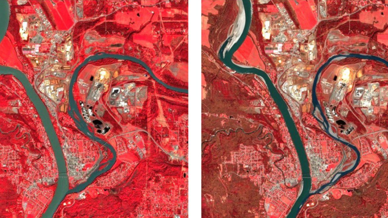 Side-by-side handout images, shown in infrared, taken by the European Space Agency's Sentinel-2 satellite show the Quesnel River as it meets the Fraser River in Quesnel, B.C., in May 2023, left, compared with May 2024.THE CANADIAN PRESS/HO, European Union, Canadian Space Agency