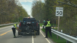 Police in Caledon, Ont., charged a motorcycle driver with stunt driving leading to a vehicle impound. (OPP/X)