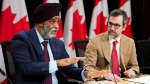 Harjit S. Sajjan, President of the King’s Privy Council for Canada and Minister of Emergency Preparedness and Minister responsible for the Pacific Economic Development Agency of Canada, Steven Guilbeault, Minister of Environment and Climate Change, provide an update on the forecast for the 2024 wildfire season during a press conference at the National Press Theatre in Ottawa on Thursday, May 9, 2024. THE CANADIAN PRESS/Sean Kilpatrick