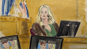 Stormy Daniels testifies on the witness stand in Manhattan criminal court, Thursday, May 9, 2024, in New York. (Elizabeth Williams via AP)
