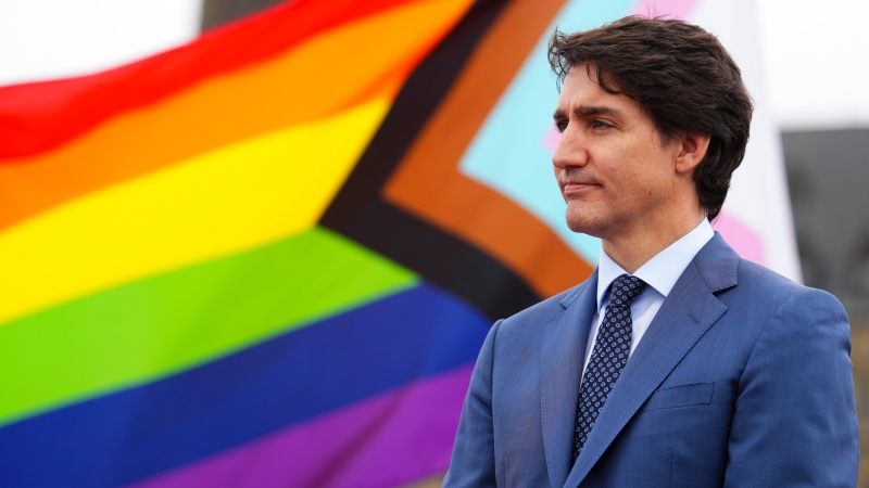 Prime Minister Justin Trudeau takes part in a Pride flag raising event on Parliament Hill in Ottawa on Thursday, June 8, 2023. (THE CANADIAN PRESS/Sean Kilpatrick)