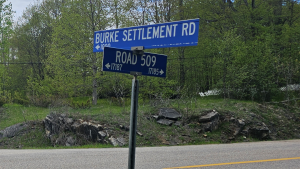 Burke Settlement Road at Road 509. Six people were injured in a single-vehicle crash just beyond this intersection on May 9, 2024. (Andrew Adlington/CTV News Ottawa)
