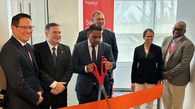 (L-R) Denis Villeneuve, Cybersecurity & Resilience Practice Leader, Kyndryl Canada, Todd McCarthy, Minister of Public and Business Service Delivery of Ontario, Farhaz Thobani, President of Kyndryl Canada, Alex Nuttall, Barrie Mayor, Kris Lovejoy, Kyndryl Global Practice Leader, cutting the ribbon as Kyndryl Canada opened their Security Operations Centre in Barrie, Ont. on Thurs., May 9, 2024. 
