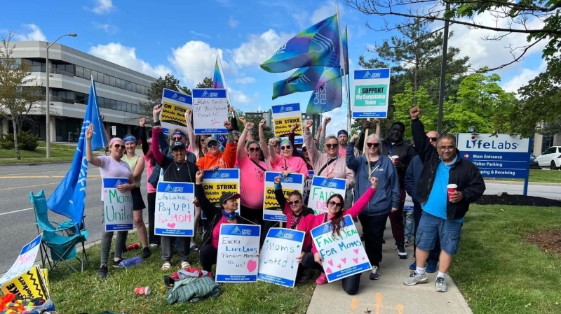 LifeLabs workers from Simcoe County Rally outside LifeLabs Headquarters in Etobicoke, Ont., on May 8, 2024 (Courtesy: OPSEU Local 389). 