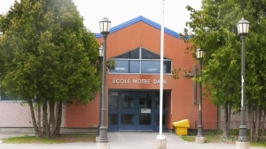At 2:30 p.m. Wednesday, a student at Ecole Notre-Dame in Hanmer reported a threatening message written in the bathroom. (Photo from video)