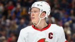 Ottawa Senators left wing Brady Tkachuk (7) looks on during the second period of an NHL hockey game against the Buffalo Sabres Thursday, Jan. 11, 2024, in Buffalo, N.Y. (AP Photo/Jeffrey T. Barnes)