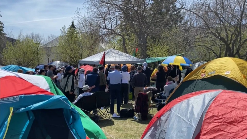 A couple dozen tents and around 50 to 60 students and staff have begun an anti-Israel demonstration in support of Palestine on campus at the University of Calgary.